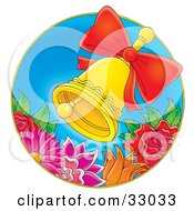 Poster, Art Print Of Ringing Golden Bell With A Red Bow Over Colorful Flowers On A Blue Circle