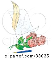 Poster, Art Print Of Feather Beside A Love Letter With Pink Roses And An Old Fashioned Ink Pen