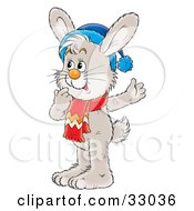Gray Bunny Wearing A Blue Hat And Red Scarf Touching His Chin And Thinking