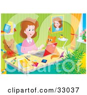 Poster, Art Print Of Stay At Home Mom Working At Her Desk On A Laptop In Her Home Office A Cat Beside Her