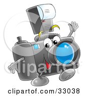 Poster, Art Print Of Happy Digital Camera With A Flash Attachment Waving