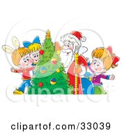 Poster, Art Print Of Group Of Children With Santa Around A Christmas Tree