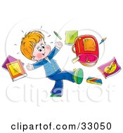 Poster, Art Print Of Happy Little Boy Tossing His School Supplies Into The Air