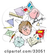 Poster, Art Print Of Confused School Boy Surrounded By Shapes Rulers Pencils And Books