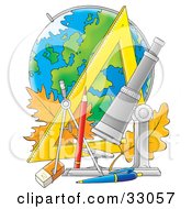 Clipart Illustration Of A Telescope Pencil Pen Eraser Ruler Compass And Leaves In Front Of A Globe by Alex Bannykh