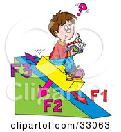 Poster, Art Print Of School Boy Sitting On A Slanted Triangle Doing His Math Homework