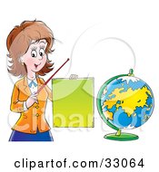 Poster, Art Print Of Friendly Female Teacher Holding A Blank Sign And Pointer Stick And Standing By A Globe