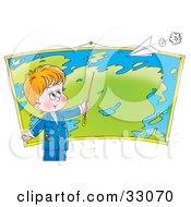 Poster, Art Print Of Smart Little Boy Pointing To A Location On A Map In Geography Class A Paper Airplane Flying Above