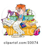 Poster, Art Print Of Smart School Boy Writing A Long Story At A Desk