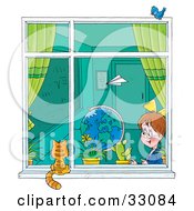 Poster, Art Print Of Paper Plane Flying Past A School Girl In A Classroom As She Looks Out A Window At A Cat