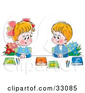 Poster, Art Print Of Boy And Girl In Uniforms Sitting With Flowers And Books And Smiling At Each Other