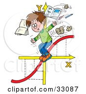 Poster, Art Print Of School Boy Riding Down A Red Line On Arrows Tossing Books And Pens