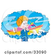 Poster, Art Print Of Little Boy Day Dreaming Of A Boat Out At Sea