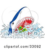 Clipart Illustration Of A Hungry Shark Swallowing A Scuba Diver Or Snorkeler