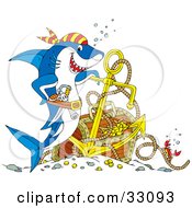 Crab On A Rope Near A Pirate Shark With Sunken Treasure