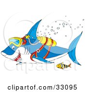 Poster, Art Print Of Fish And Shark Scuba Diving And Swimming With Bubbles