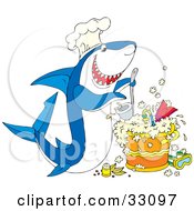 Poster, Art Print Of Hungry White And Blue Shark Wearing A Chef Hat Cooking Up A Pot Of Scuba Stew