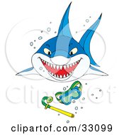 Poster, Art Print Of Shark Swimming Through Bubbles Toward Sinking Snorkel Gear