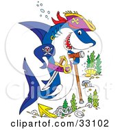 Poster, Art Print Of Pirate Shark With A Sword Tattoo And Cane Swimming Over A Shipwreck Site