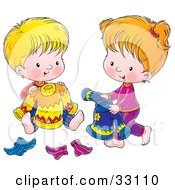 Poster, Art Print Of Boy And Girl Picking Out Sweaters And Socks To Wear For The Next Day