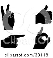 Clipart Illustration Of A Set Of Four Black Silhouetted Hands Gesturing Peace Thumbs Up Pointing And OK by elaineitalia