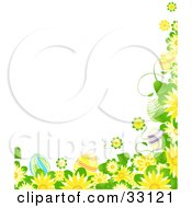 Poster, Art Print Of Border Of Yellow Flowers Green Leaves And Colorful Easter Eggs