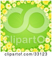 Poster, Art Print Of Border Of Yellow Flowers Around A Green Background With A Faint Burst Of Light