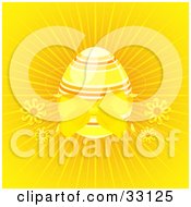 Poster, Art Print Of Yellow And Orange Striped Easter Egg With A Yellow Bow On A Bursting Background With Flowers