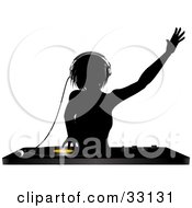 Poster, Art Print Of Silhouetted Female Dj Holding Her Arm Up In The Air Wearing Headphones And Mixing A Record
