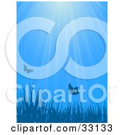 Poster, Art Print Of Butterflies Over Blades Of Grass Against A Blue Background With Rays Of Light