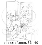 Clipart Illustration Of A Little Boy Greeting A Friendly Nurse While She Enters Through A Doorway With A Newspaper