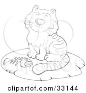 Poster, Art Print Of Grinning Kitty Cat Sitting On A Rug With A Fishbone
