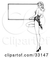 Poster, Art Print Of Sexy Black And White Pinup Girl In Heels Holding A Blank Sign
