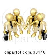 Clipart Illustration Of Four Gold Business People Carrying Briefcases And Standing With Their Hands Piled Symbolizing Teamwork Cooperation Support Unity And Goals