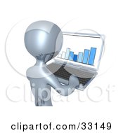 Clipart Illustration Of A 3d Silver Person Viewing A Financial Bar Graph On A Laptop Computer by 3poD