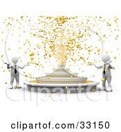 Clipart Illustration Of Two White 3d Business People Holding Their Around Out While A Fountain Shoots Out Gold Coins by 3poD