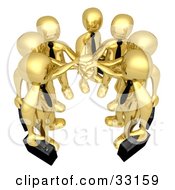 Clipart Illustration Of A Group Of Seven Gold Businessmen Carrying Briefcases And Standing With Their Hands Together Symbolizing Teamwork Cooperation Support Unity And Goals