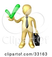 Clipart Illustration Of A Gold Business Man Carrying A Briefcase And Holding A Green Check Mark Symbolizing Solutions And Approval