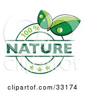 Poster, Art Print Of Green 100 Percent Nature Stamp With Three Stars And Two Green Leaves With Drops Of Dew