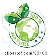 Poster, Art Print Of Dew Drops On Organic Leaves Growing From A Green Globe Circled By Stars And 100 Percent Nature Text
