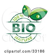 Poster, Art Print Of 100 Percent Bio Nature Stamp With Two Green Dew Covered Leaves On A White Background
