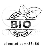 Poster, Art Print Of Black And White 100 Percent Bio Nature Stamp With Two Leaves On A White Background
