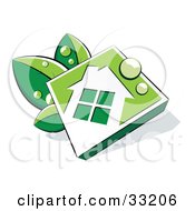 White And Green Diamond House Icon With Dew Drops Resting On Leaves