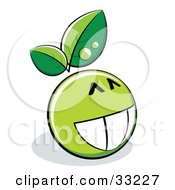 Poster, Art Print Of Proud Grinning Green Organic Smiley Ball With Leaves