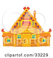 Log House With A Vaulted Roof And Purple Drapes In The Upstairs Window