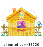 Cute Log Cabin With Purple Drapes Heart Shutters And A Flower In The Window