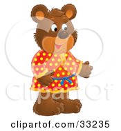 Clipart Illustration Of A Friendly Bear In A Red And Yellow Polka Dog Dress