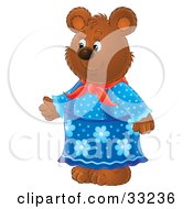 Clipart Illustration Of A Friendly Female Bear Standing On Her Hind Legs Wearing A Blue Dress