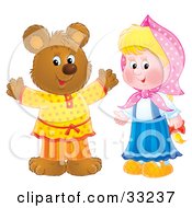 Poster, Art Print Of Happy Bear In Clothes Standing By A Little Blond Girl