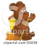 Poster, Art Print Of Happy Bear Sitting On A Stump With A Basket Of Mushrooms And A Walking Stick